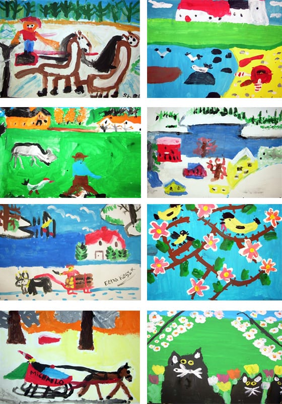 A gallery of student paintings inspired by Canadian artist Maud Lewis 