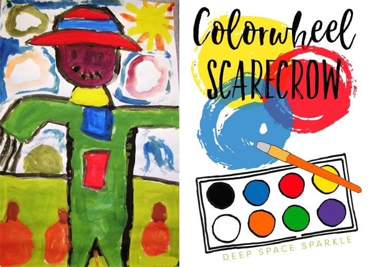 Easy art projects that teaches kids how to make secondary colors from primary colors: Colorwheel scarecrow art project