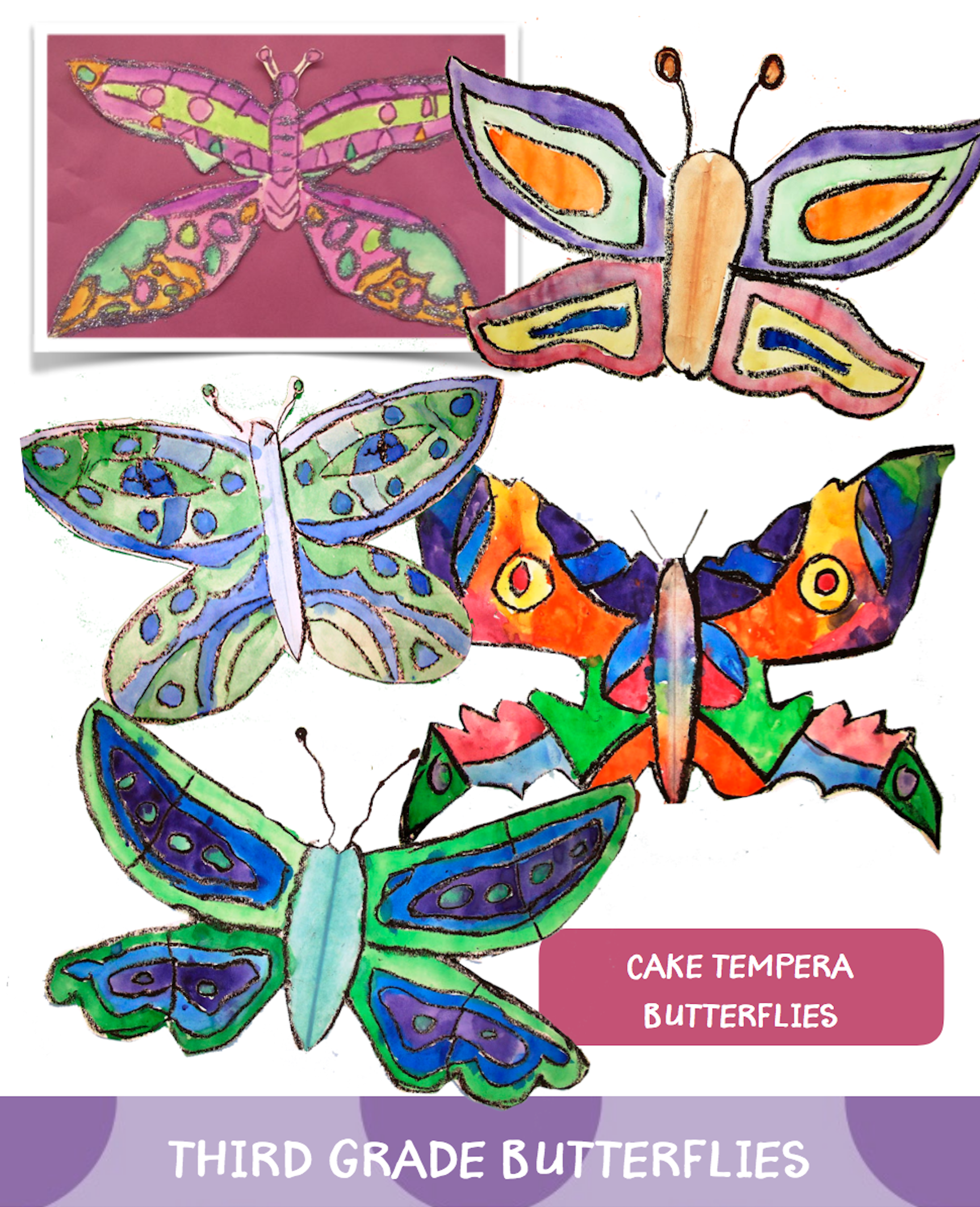 Cake tempera symmetrical butterflies with watercolors for third graders art lesson