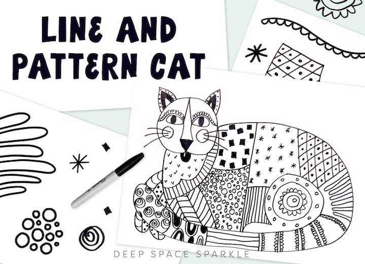 Line and patterned cat art lessons for younger students in the classroom this fall