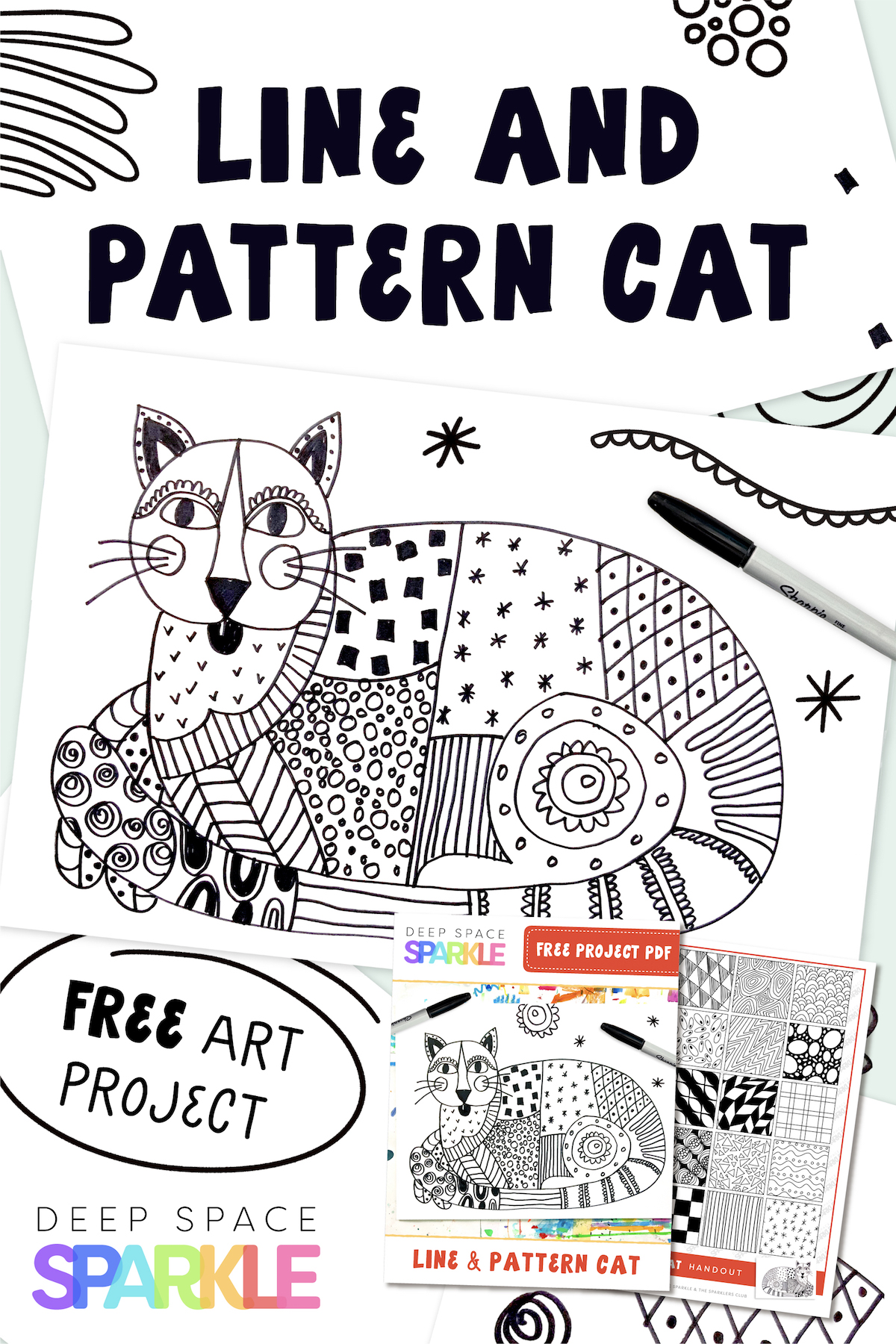 Line and pattern cat art project that is perfect for children in the classroom for the fall