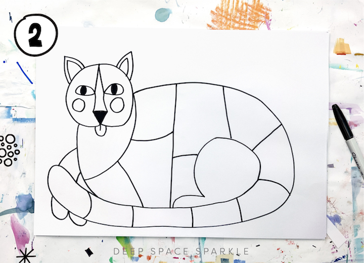 Line and pattern cat art project that is perfect for children in the classroom for the fall