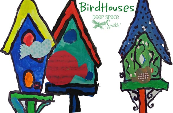 Birdhouses art project using cake tempera paints