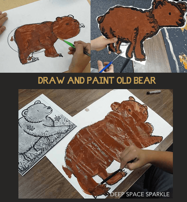 Inspired by the book Old Bear by Kevin Henkes, kids create a background of leaf prints and then add their painted bear. Great Fall or winter art and craft project for kids.