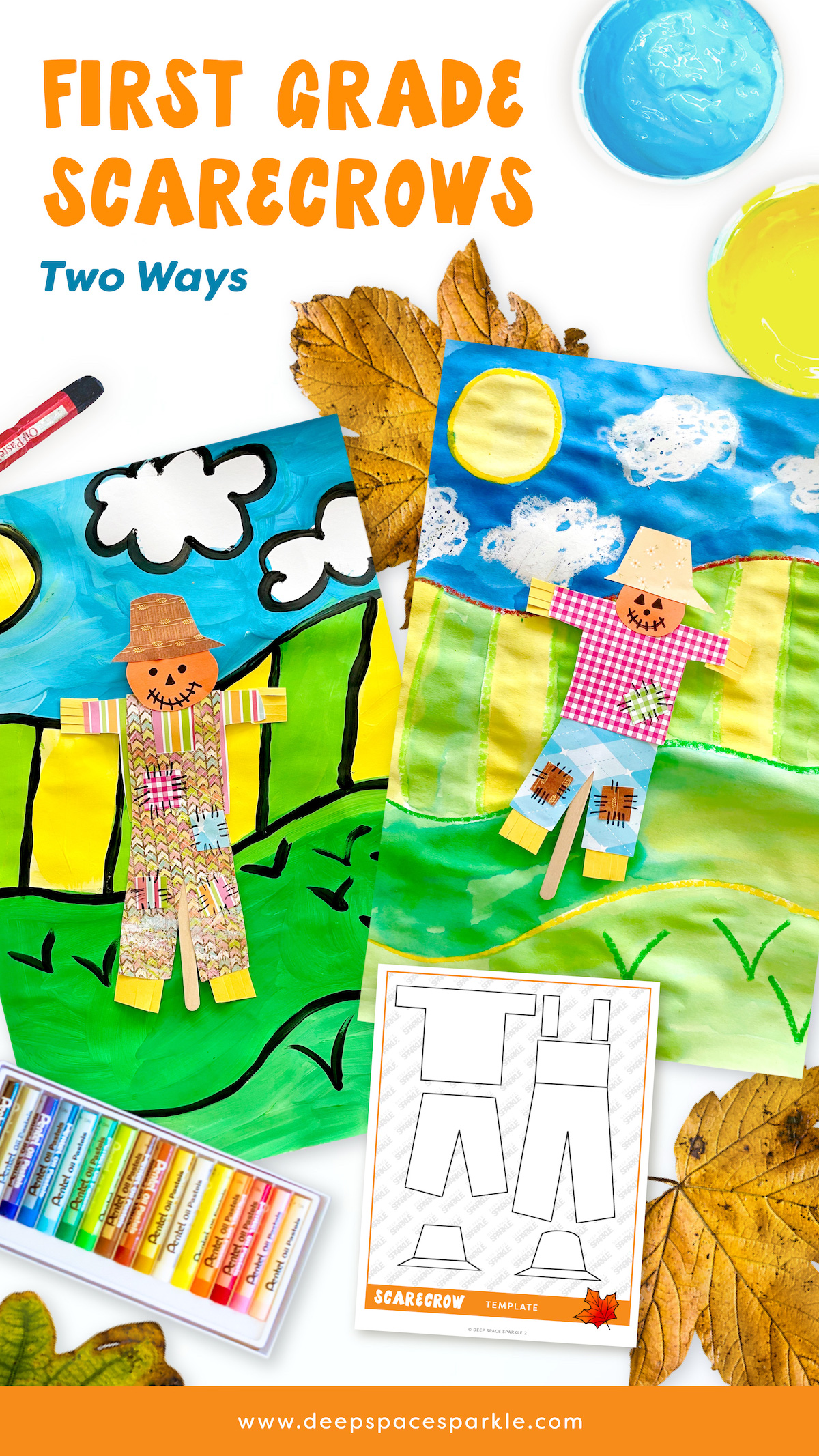 First Grade Scarecrows done in two different ways using watercolors or tempera paint