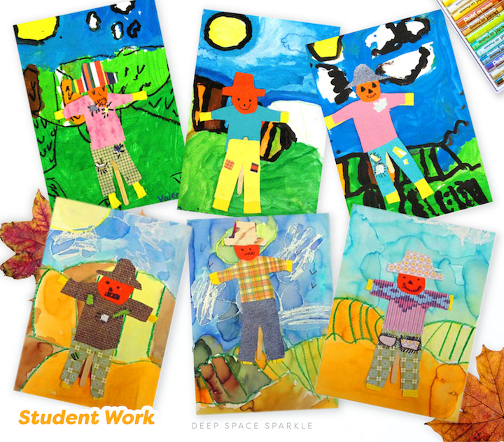 First Grade Scarecrows done in two different ways using watercolors or tempera paint