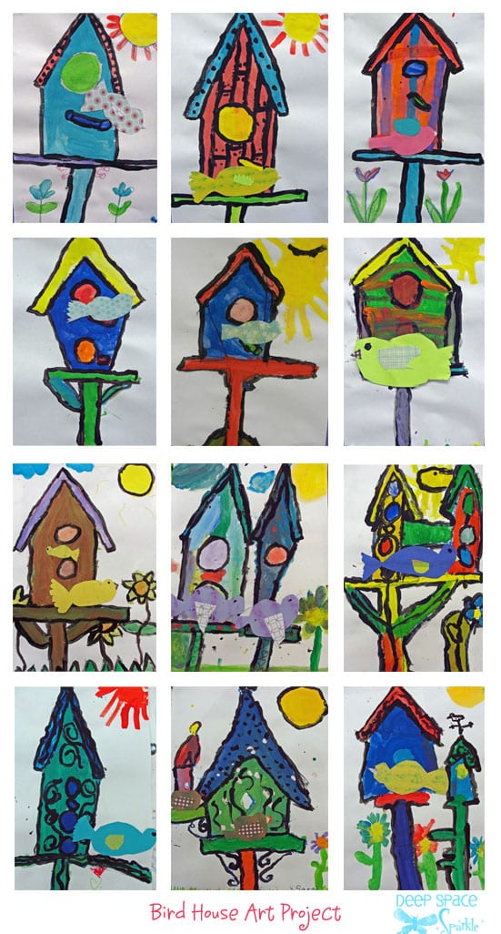 Birdhouses art project using cake tempera paints for second graders