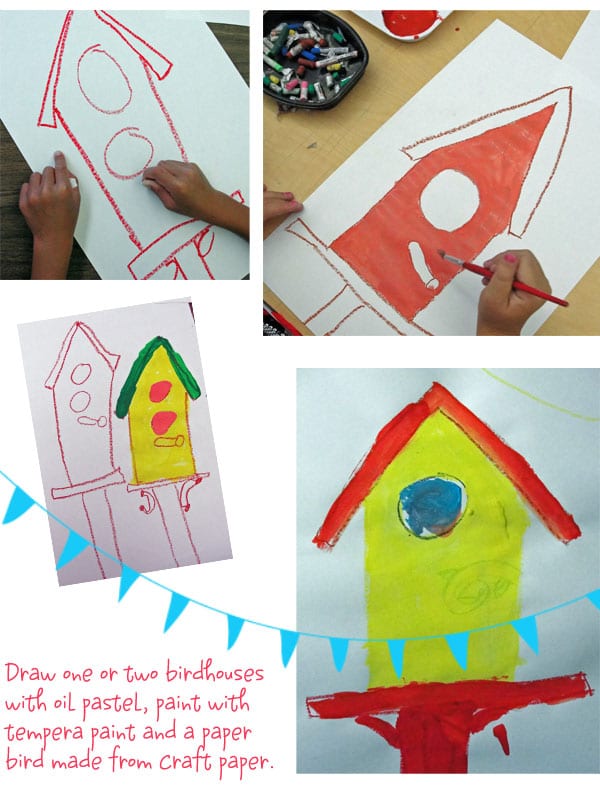 Birdhouses art project using cake tempera paints for second graders