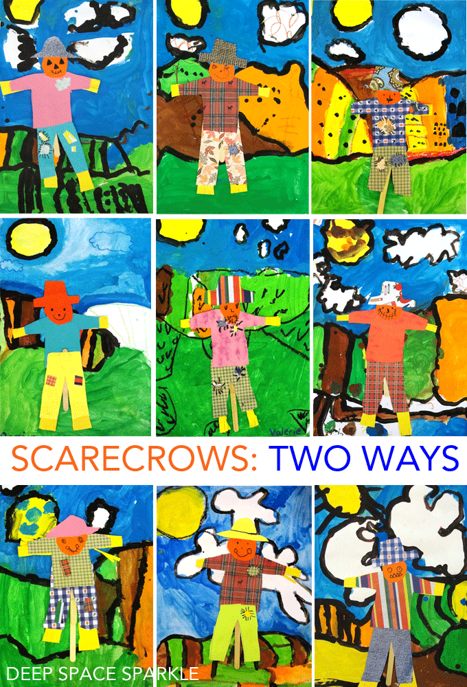 Scarecrow art project for kids: two paint choices creates two options for lessons