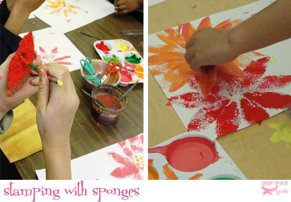 Stamping with sponges- PPoinsettia Plant Mixed-Media for Third Grade