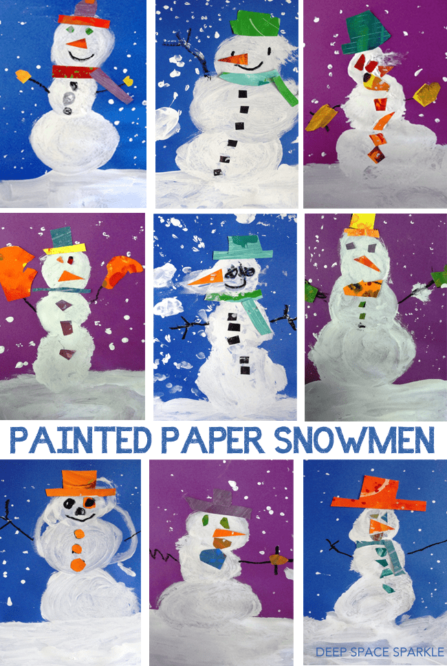 Kinders paint a snowman and use painted paper to add details