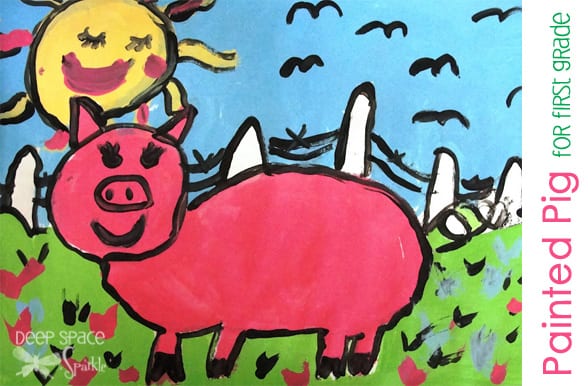 Painted Pig art lesson for first graders using black oil pastels