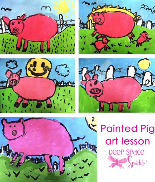 Painted Pig art lesson for first graders using black oil pastels and tempera paints spring art lesson