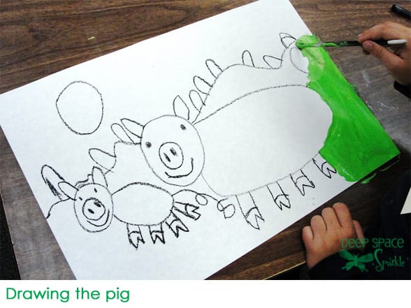 Painted Pig art lesson for first graders using black oil pastels