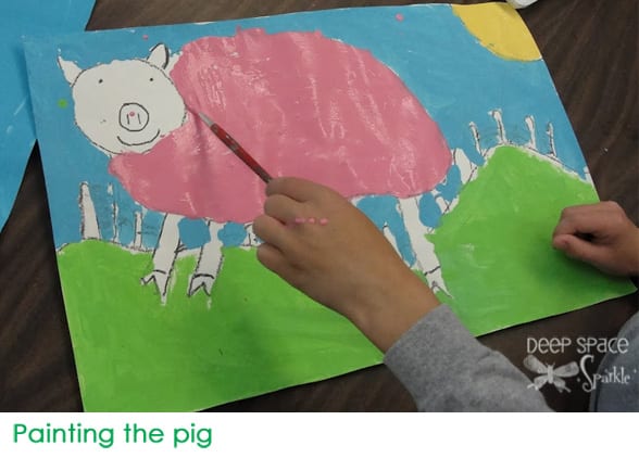 Painted Pig art lesson for first graders using black oil pastels and tempera paints