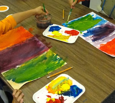 Colorwheel flowers spring art lesson using primary colored tempera paints