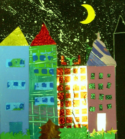 city at night city scape recycled material art lesson