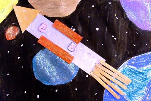 rocket ships and space recycled material art lesson