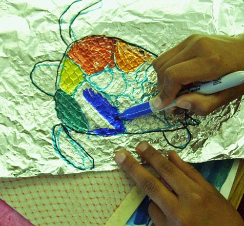foil fish recycled material art lesson