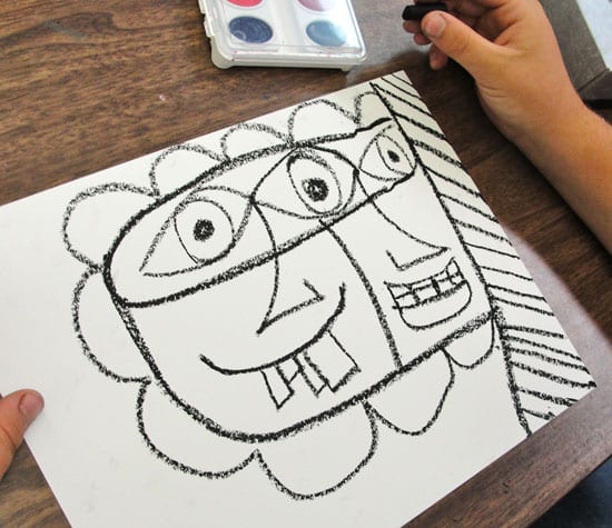 Kids draw and paint colorful faces using oil pastel and watercolor paints inspired by American artist, James Rizzi.