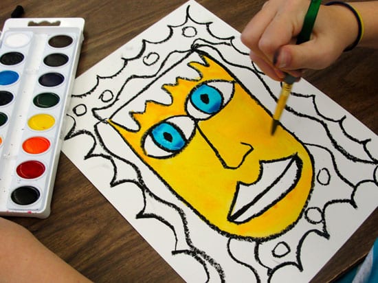 Kids draw and paint colorful faces using oil pastel and watercolor paints inspired by American artist, James Rizzi.