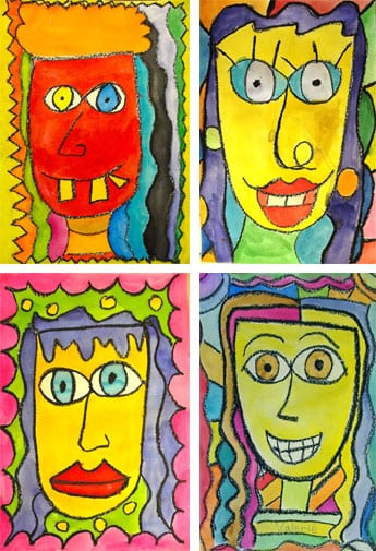 Kids draw and paint colorful faces using oil pastel and watercolor paints inspired by American artist, James Rizzi.