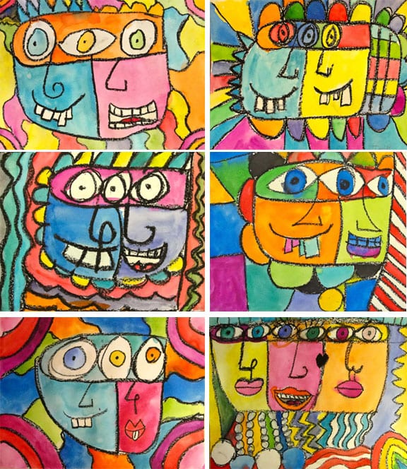 Kids draw and paint colorful faces using oil pastel and watercolor paints inspired by American artist, James Rizzi.