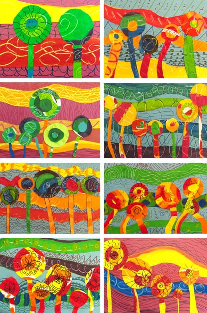 Hundertwasser art project for kids that teaches warm and cool colors plus pattern and line. Student gallery