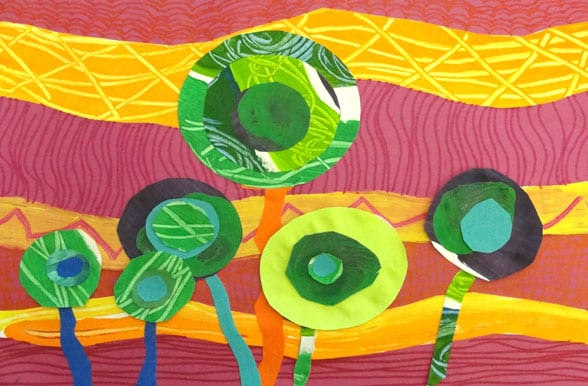 Hundertwasser art project for kids that teaches warm and cool colors plus pattern and line.