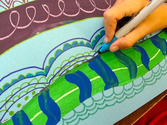 Hundertwasser art project for kids that teaches warm and cool colors plus pattern and line. 