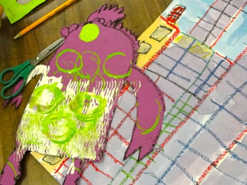 My favorite art projects for kids connect literature and art. Read Monsters Don’t Eat Broccoli by Barbara Jean Hicks then create a monster and cityscape collage.