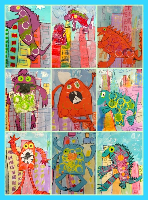 My favorite art projects for kids connect literature and art. Read Monsters Don’t Eat Broccoli by Barbara Jean Hicks then create a monster and cityscape collage.