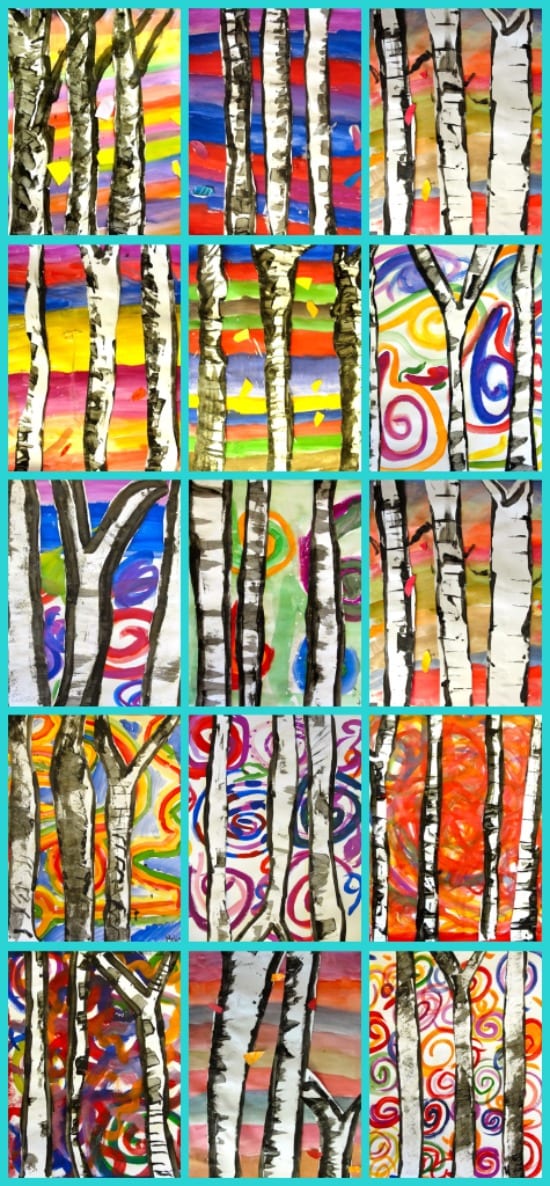 A perfect Fall or Winter birch tree art project. There are lots of variations to this lesson but kids love to paint the colorful backgrounds.