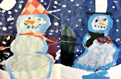 Inspired by the book Snowmen at Night, first graders created a tissue paper background and added a mixed-media snowman. A great winter art and craft project for kids.