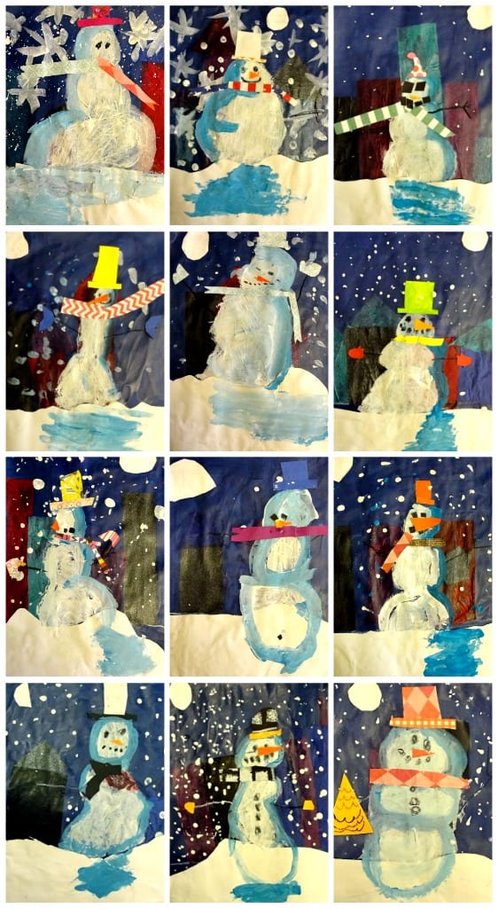 Inspired by the book Snowmen at Night, first graders created a tissue paper background and added a mixed-media snowman. A great winter art and craft project for kids.