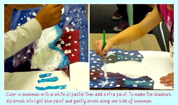 Inspired by the book Snowmen at Night, first graders created a tissue paper background and added a mixed-media snowman. A great winter art and craft project for kids.