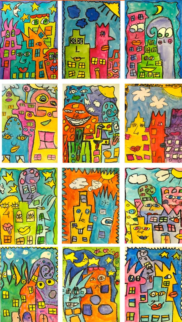 Kids draw and paint a funky cityscape inspired by American artist, James Rizzi. Kids draw and paint a funky cityscape inspired by American artist, James Rizzi.