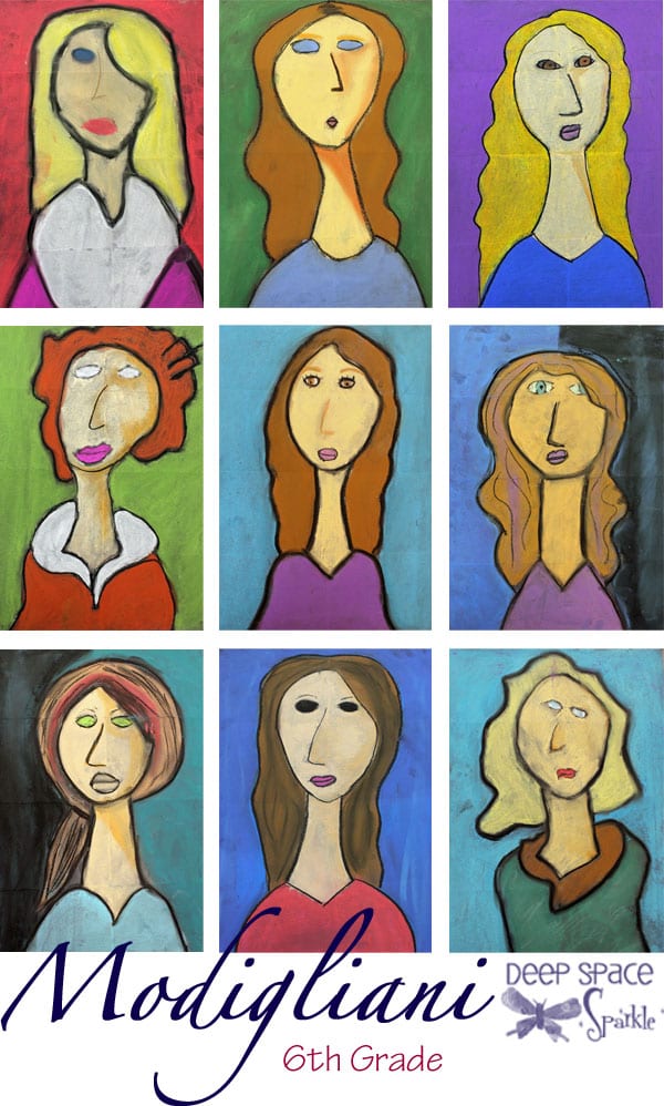 Kids use a simple drawing technique that results in these stunning Modigliani chalk portraits. One of my favorite art lessons.
