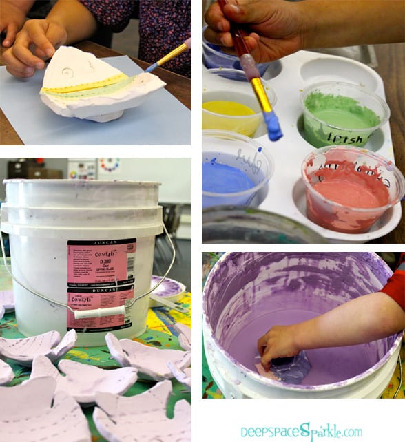 Steps to make a ceramic slab fish with little kids. You can substitute air dry clay and acrylic paints.