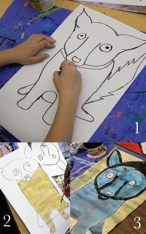 Step 1, 2, and 3-George Rodrigue's Blue Dog Art Lesson