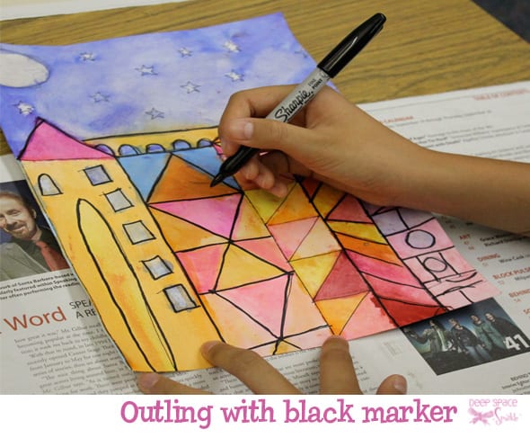 Outlining castle with black marker- Paul Klee
