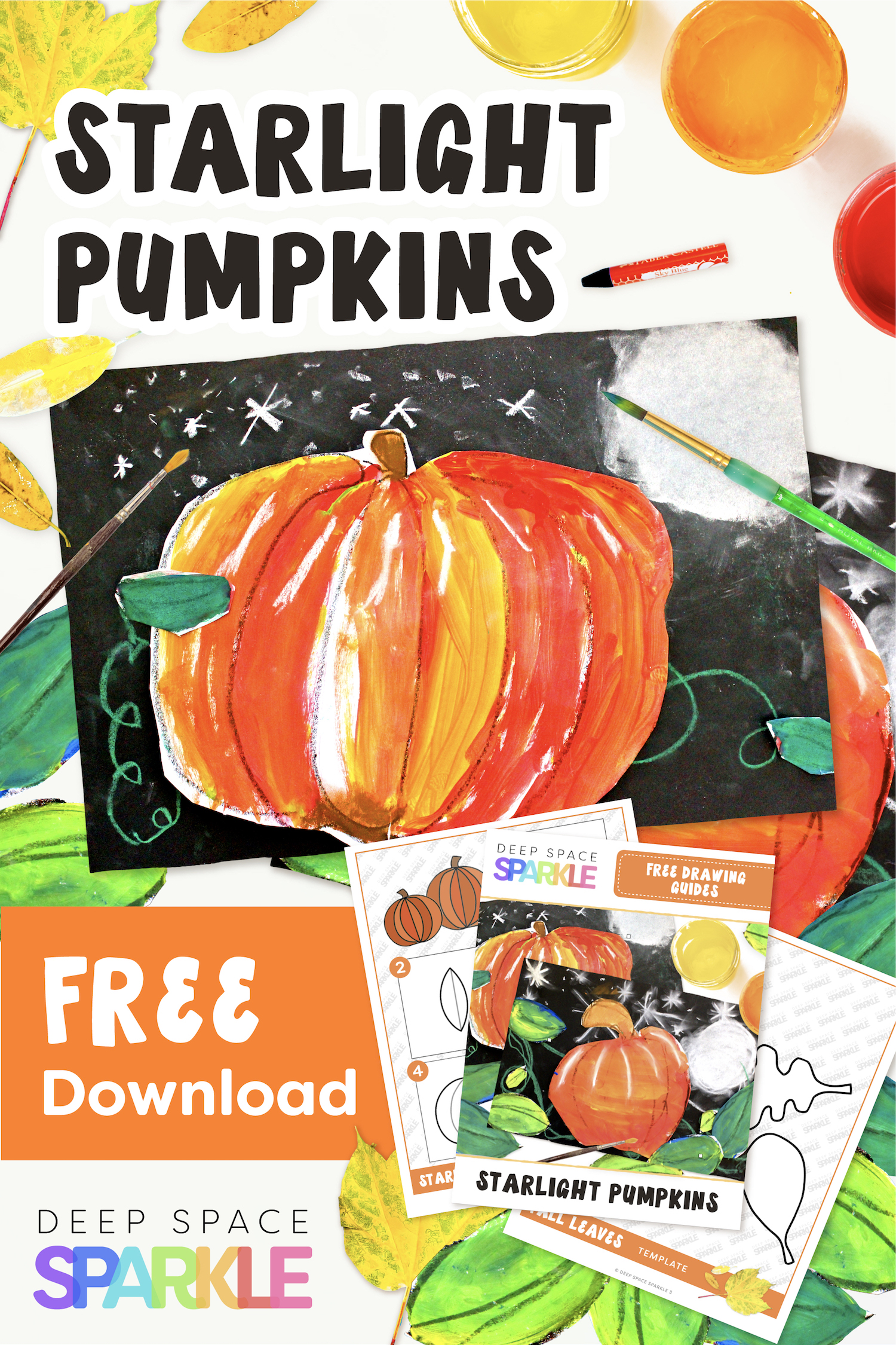 Starlight Pumpkins art projects for the fall season. Pumpkin lessons for students in the art room using easy supplies with kindergarteners. Free drawing guides included!