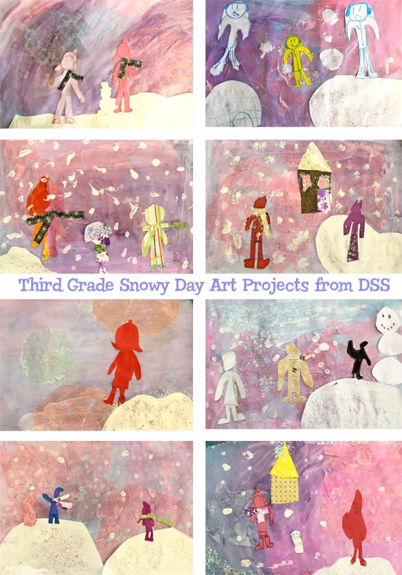 Inspired by the book, The Snowy Day, kids create snowflakes, paint a glittery snowy background and cut snow kids from paper. 