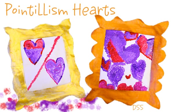 Kids create a pointillism heart and gilded frame. Great art and craft project for Valentine’s Day.