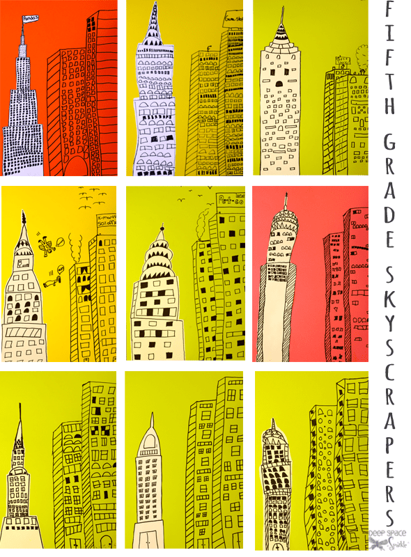 Inspired by Illustrator Marz Jr and pictures of New York skyscrapers, kids draw a retro line drawing. Fifth grade gallery