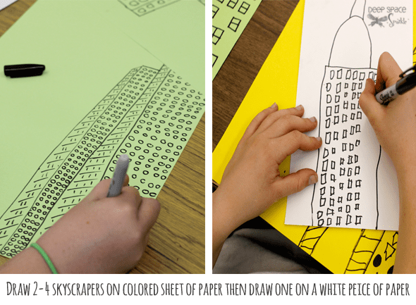 Inspired by Illustrator Marz Jr and pictures of New York skyscrapers, kids draw a retro line drawing