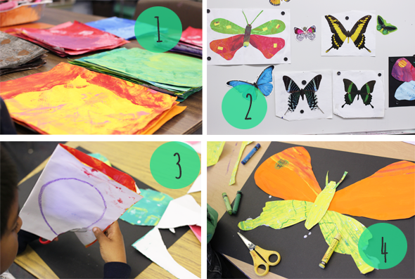 Painted paper Butterfly art lesson for spring steps
