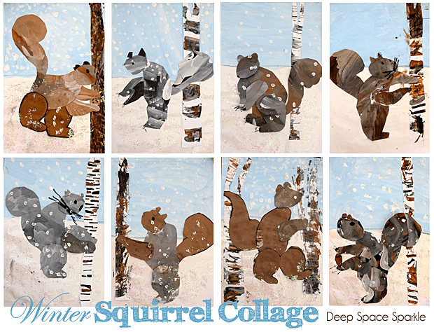 Kids paint a wintery background then cut a squirrel from painted paper. An easy winter art project for kids. Glitter optional!