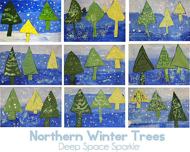 Inspired by the book, Once Upon a Northern Night, kids paint a snowy background and use the rules of color perspective to make a forest of glittery trees. 