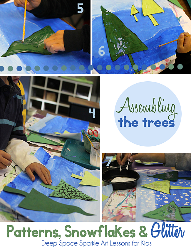 Inspired by the book, Once Upon a Northern Night, kids paint a snowy background and use the rules of color perspective to make a forest of glittery trees. 